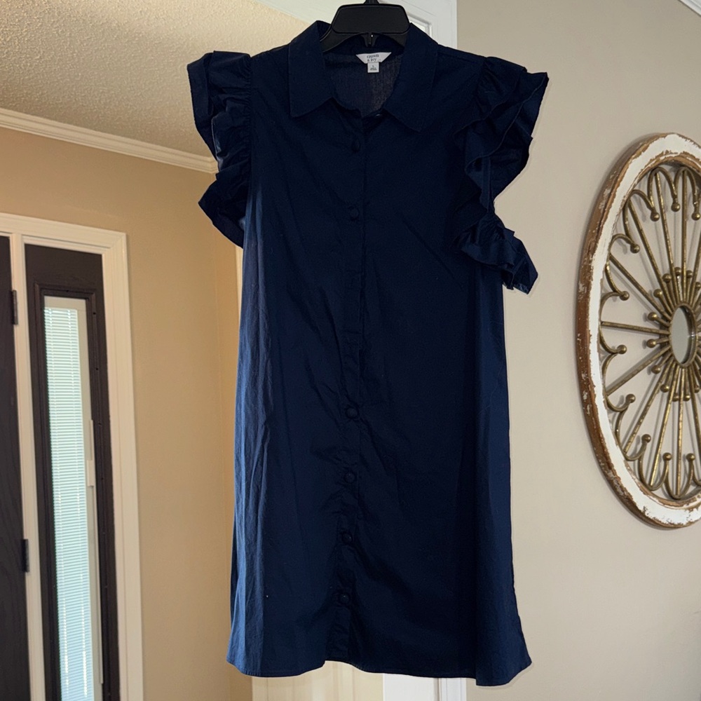 Crown & Ivy Navy Ruffle Sleeve Button-Down Dress